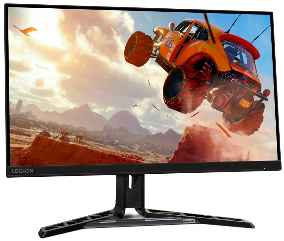 Monitor do gier wyświetla samochód przeskakujący przez wzgórze.