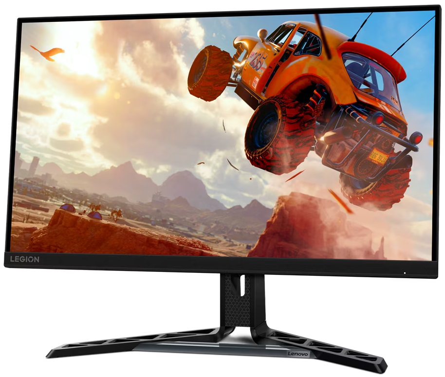 Monitor Lenovo Legion wyświetlający grę wyścigową z dynamiczną sceną akcji.