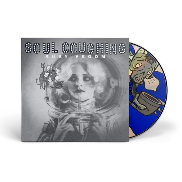 Graustufen-Albumcover mit Frau im Raumanzug. Der Albumtitel lautet 'Soul Coughing, Ruby Vroom'.