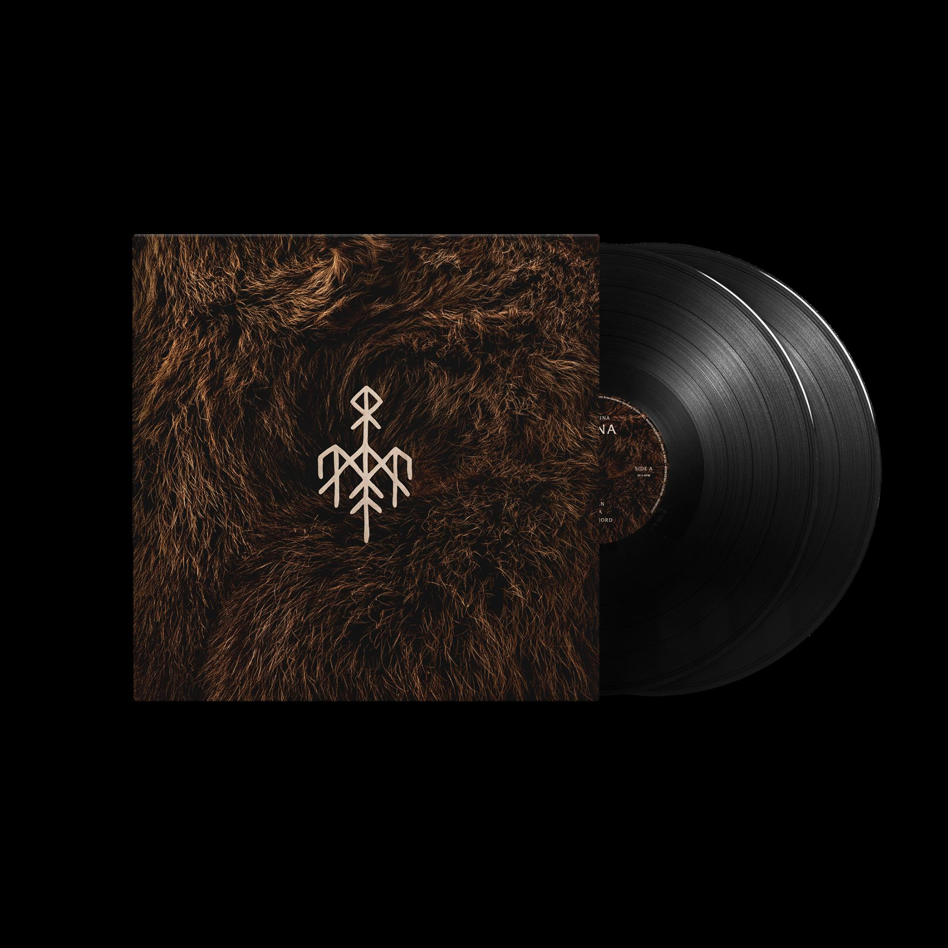Vinyl-Schallplatten-Albumcover mit Fellstruktur und weißem Symbol. Zwei schwarze Schallplatten sind sichtbar.