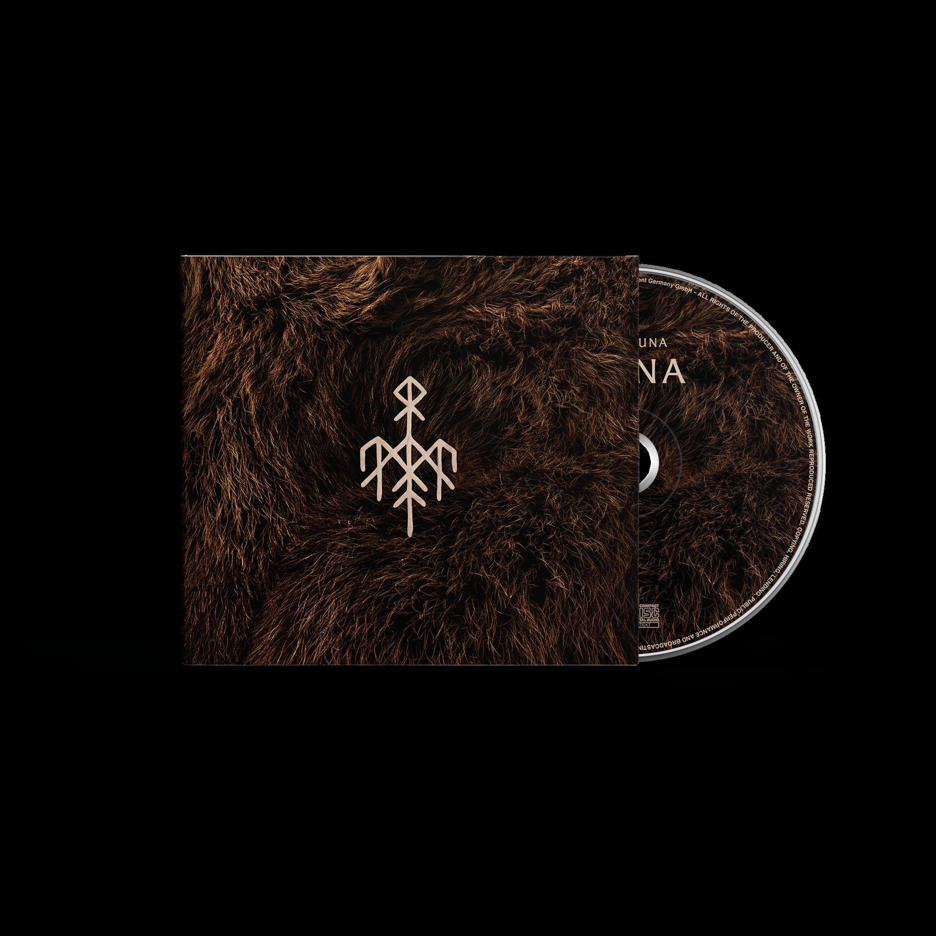 CD-Hülle mit fellartiger Textur und weißem Symbol. Die CD ist rechts sichtbar.