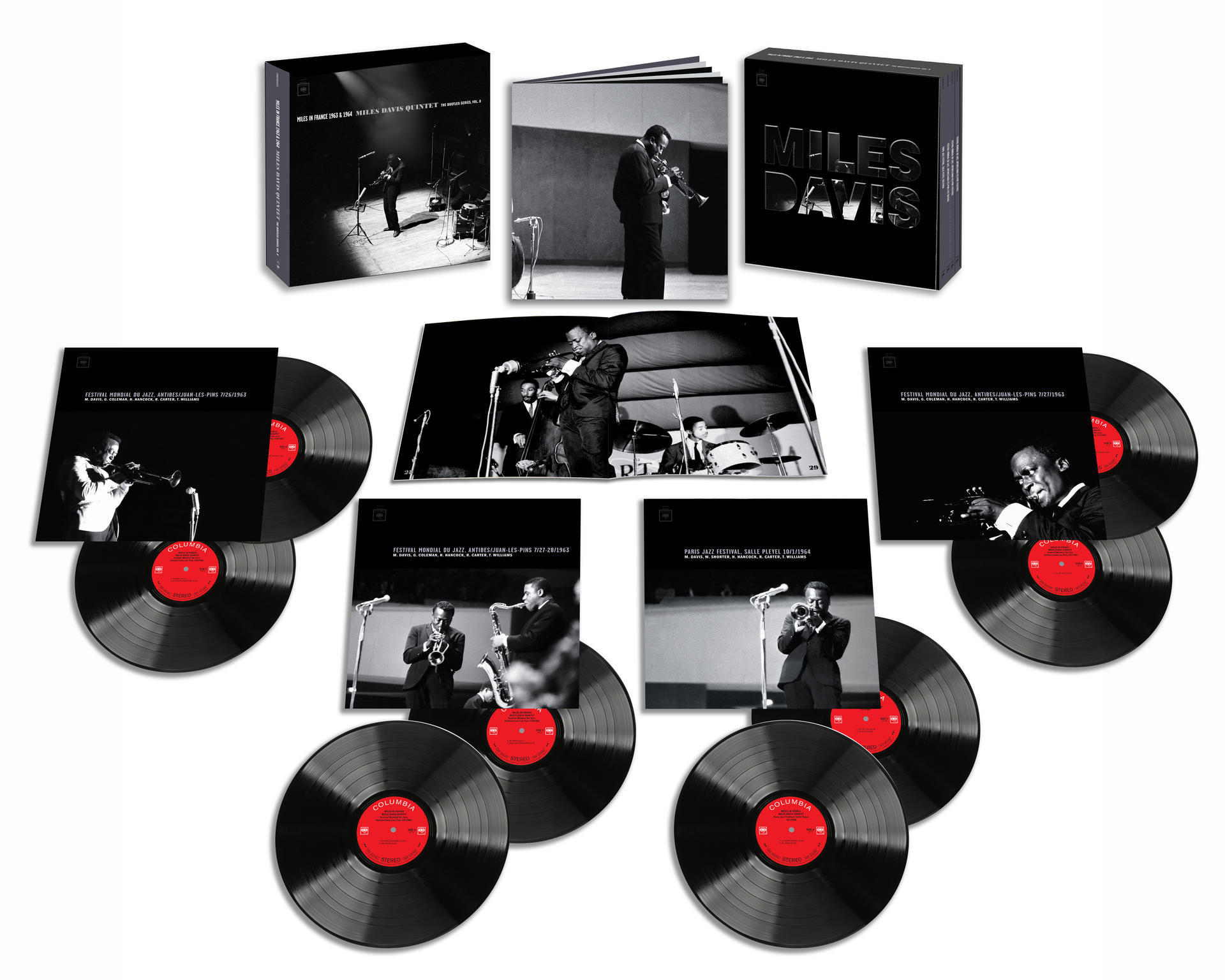 Miles Davis Vinyl-Schallplatten-Set mit Albumcovern und Schallplatten.
