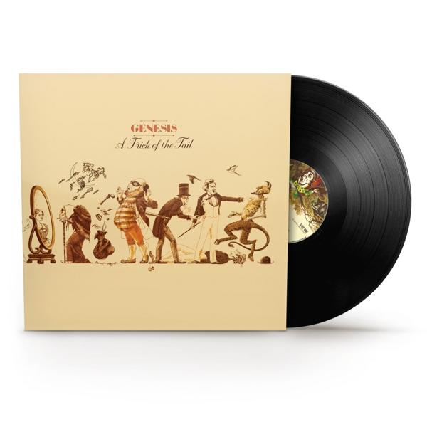 Album borítója figurákkal és bakelitlemezzel. Cím: A Trick of the Tail a Genesis-től.