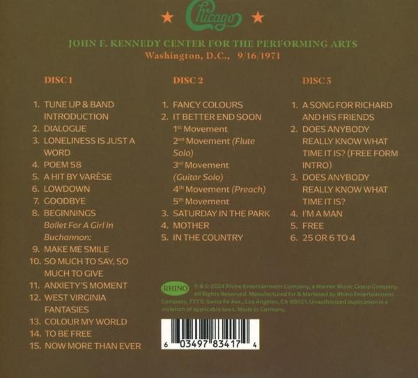 Egy Chicago koncert CD hátulja a számokkal és a szerzői jogi információkkal.
