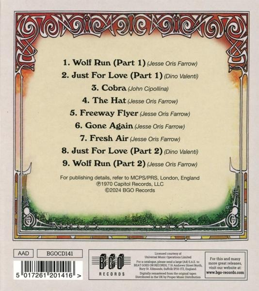 CD-Rückseite mit Songliste, Barcode und Firmenlogos. Dekorative Randverzierung.
