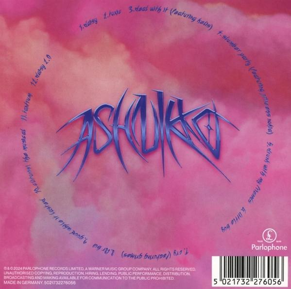 Rosa Albumcover mit blauem Text und einer Liste von Titeln.