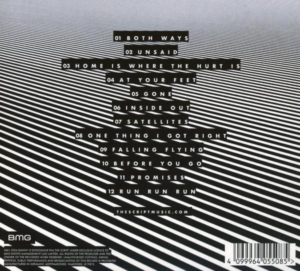 Verso d'un CD avec liste des titres. Rayures diagonales en noir et blanc. Le texte est blanc.