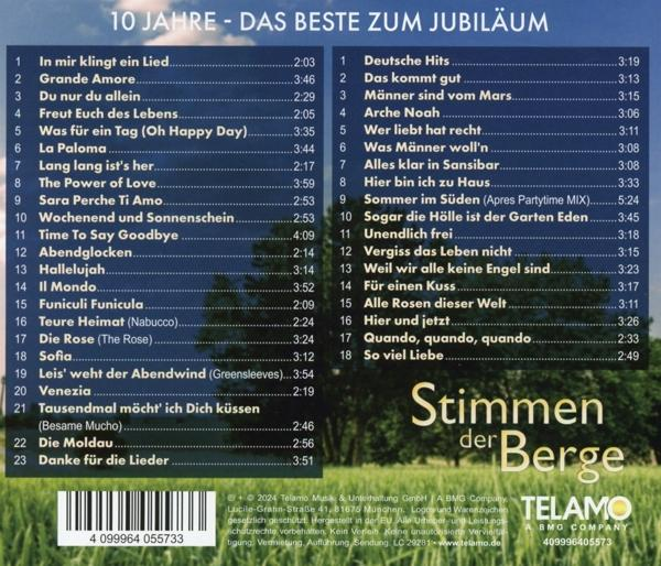 Ein CD-Cover mit Titelliste und Text, 'Stimmen der Berge' und einem Bergfoto.