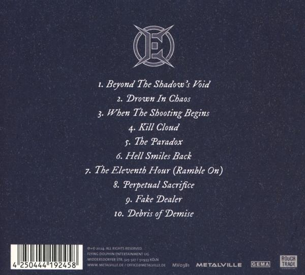 CD-Rückseite mit Text: Songtitel, Bandname, Logo. Dunkelblauer Hintergrund.