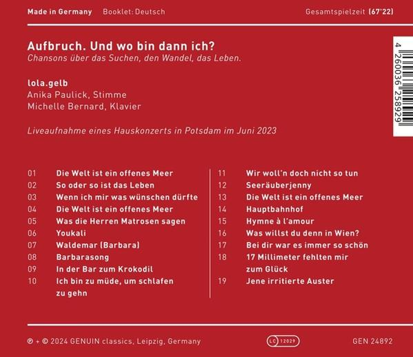 Roter Einband eines Buches mit dem Titel Aufbruch. Und wo bin ich? mit Text und Titelliste.
