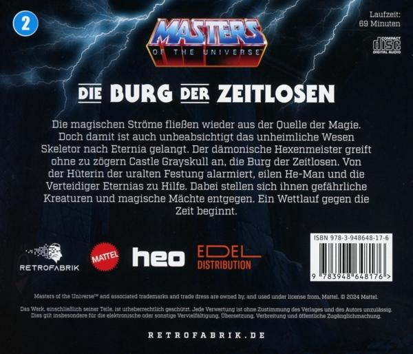 Rückseite eines Masters of the Universe CD-Covers mit Text und Bildern über eine Burg.