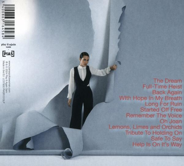 Albumcover mit Frau, zerrissenem Papier und Songtiteln rechts.