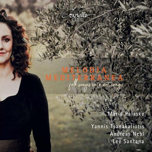 Albumcover, Frau neben Olivenzweigen, Text: Mediterranea, Volkslieder in Kunstlieder.