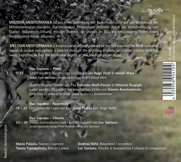 Album-Rückseite, Melodia Mediterranea, mit Text auf Englisch und Deutsch. Listet Lieder.