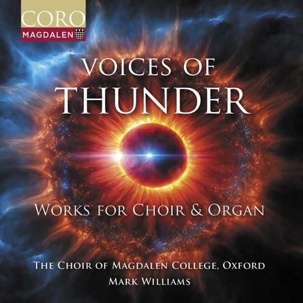 Albumcover. Ein zentraler Sonnenstrahl mit Text: Voices of Thunder. Werke für Chor und Orgel.