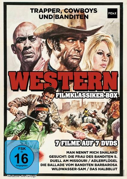 Filmposter mit 5 Figuren. Ein Cowboy, eine blonde Frau und drei andere Männer mit Text.