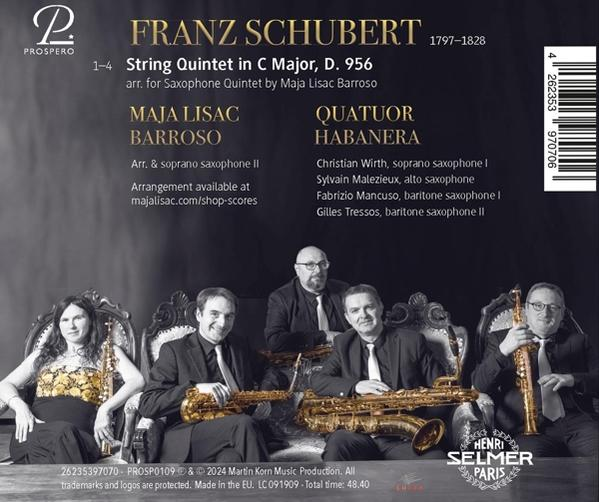 Albumcover für Franz Schuberts Streichquintett in C-Dur, mit Musikern und Text mit dem Namen des Komponisten.