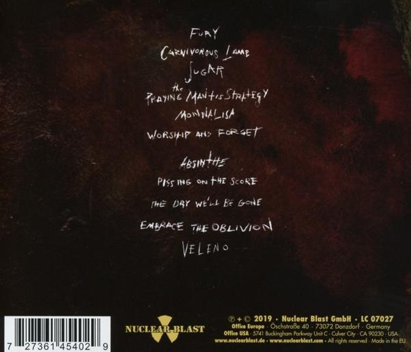 Album-Rückseite mit Trackliste. Der Text ist weiß auf dunklem, strukturiertem Hintergrund.