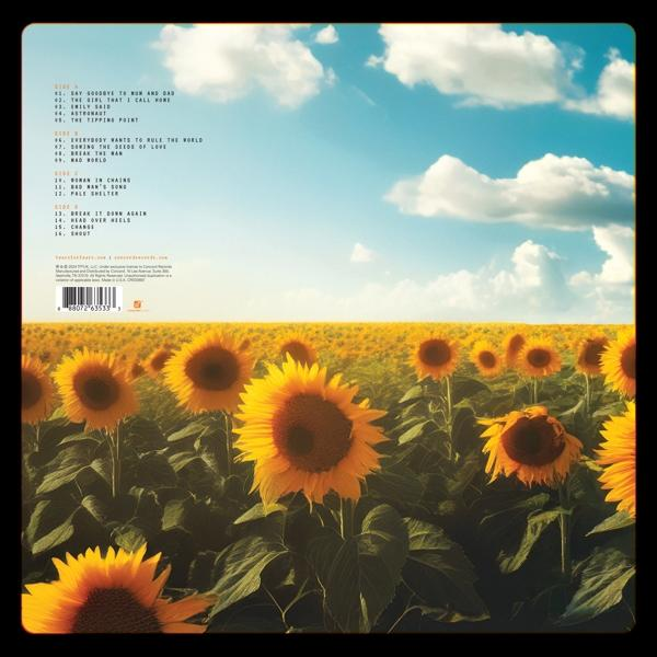 Sonnenblumenfeld unter einem bewölkten blauen Himmel. Albumcover.