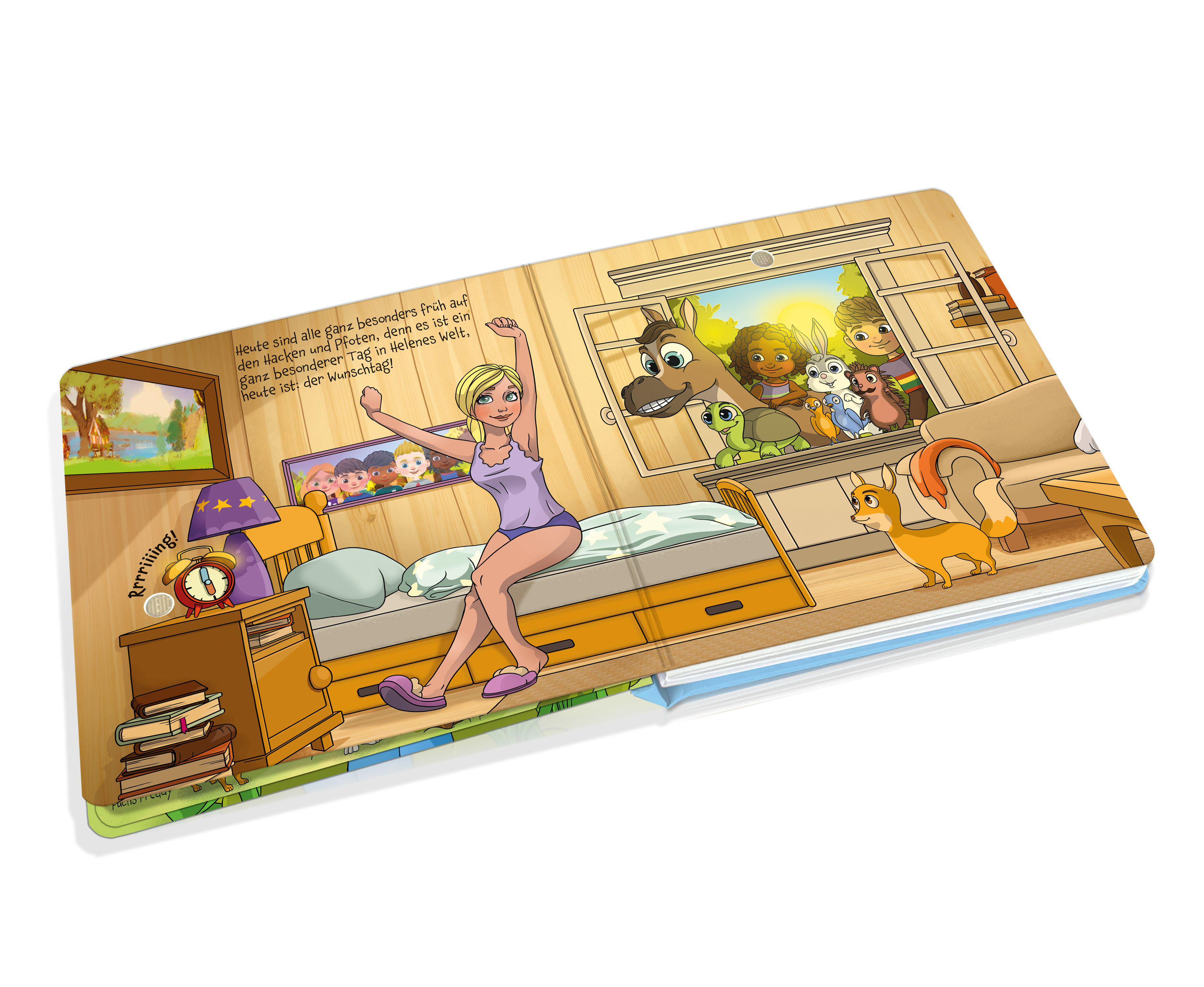 Ein aufgeschlagenes Kinderbuch mit einer Zeichnung eines Zimmers und Figuren.