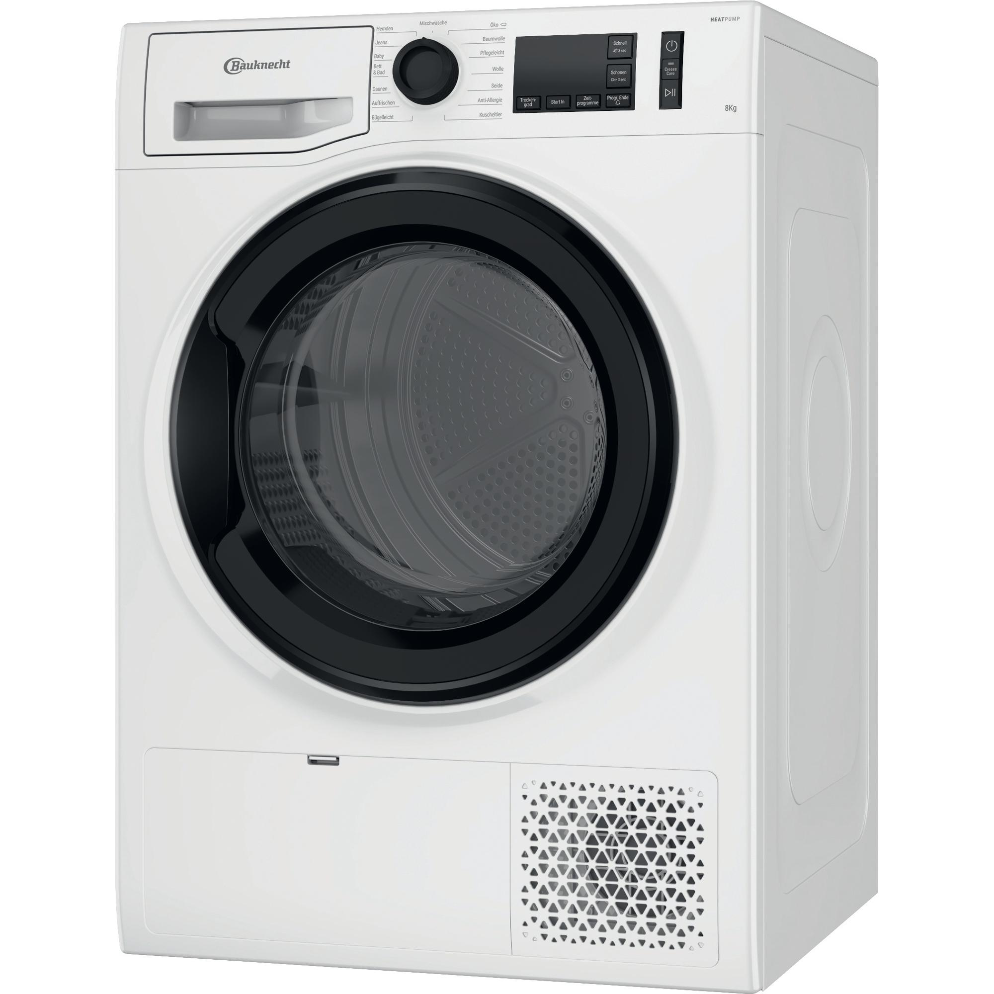 Weiße Waschmaschine mit schwarzer Tür und Bedienfeld oben. Die Marke ist Bauknecht.