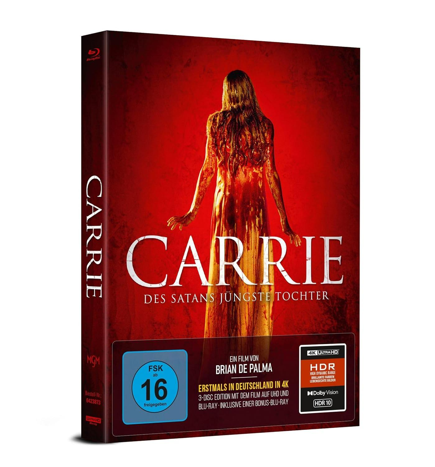 Carrie Filmcover. Roter Hintergrund mit einer Frau in Blut. Text: Carrie. Blu-ray und 4K.