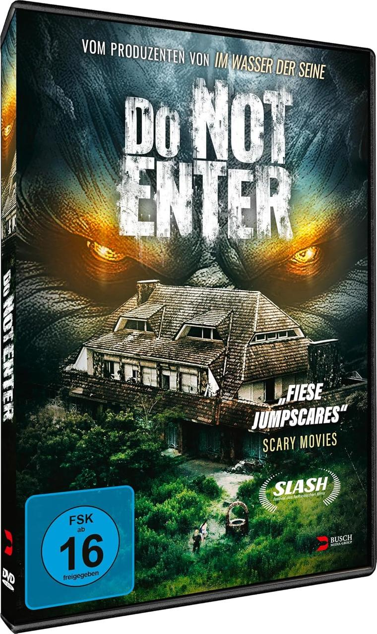 DVD-Cover, ein Haus, gruseliges Gesicht, Text 'Do Not Enter' und 'Fiese Jumpscares'.