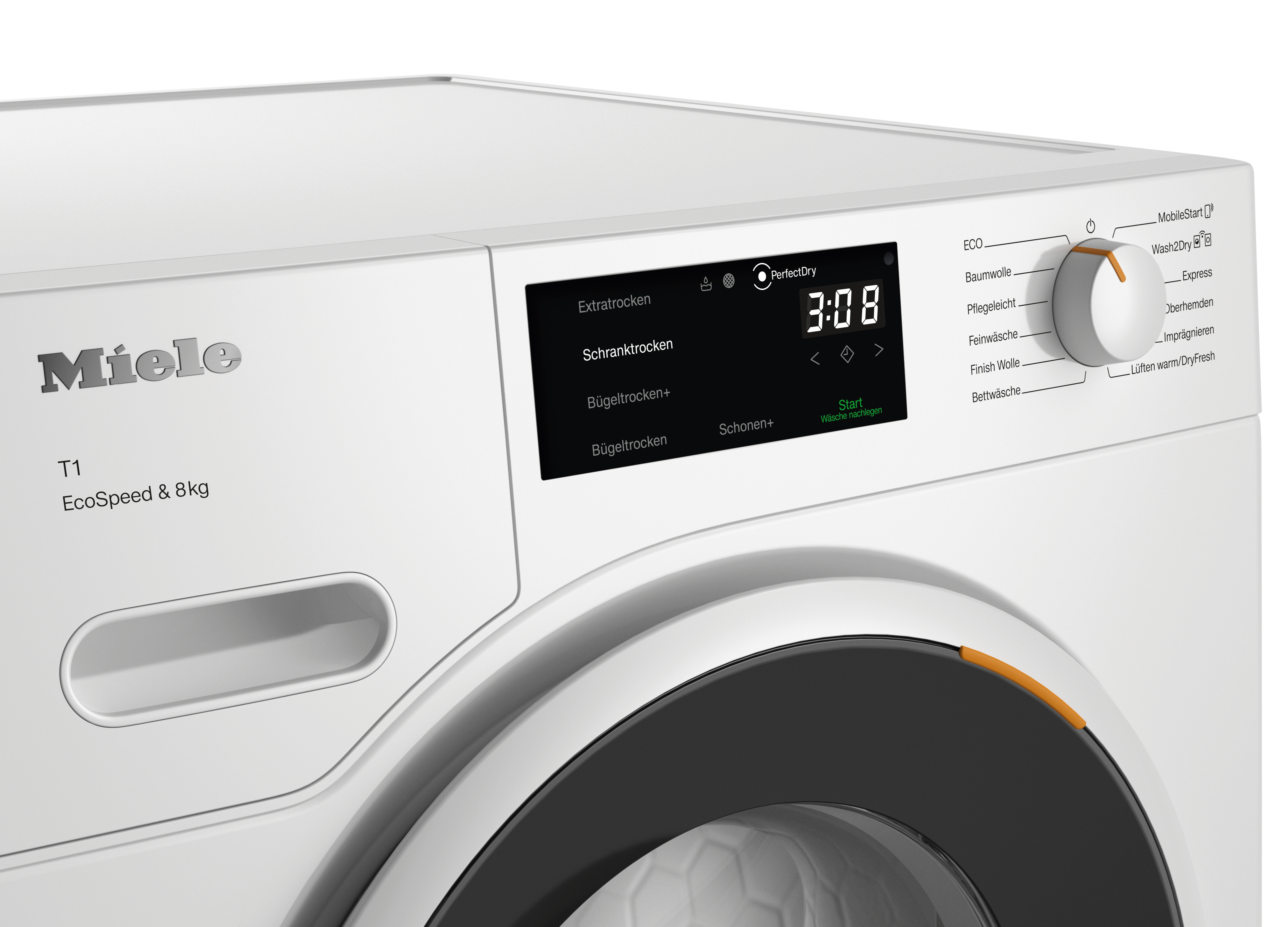 Bedienfeld einer weißen Waschmaschine. Digitalanzeige mit Timer. Knöpfe für Einstellungen.