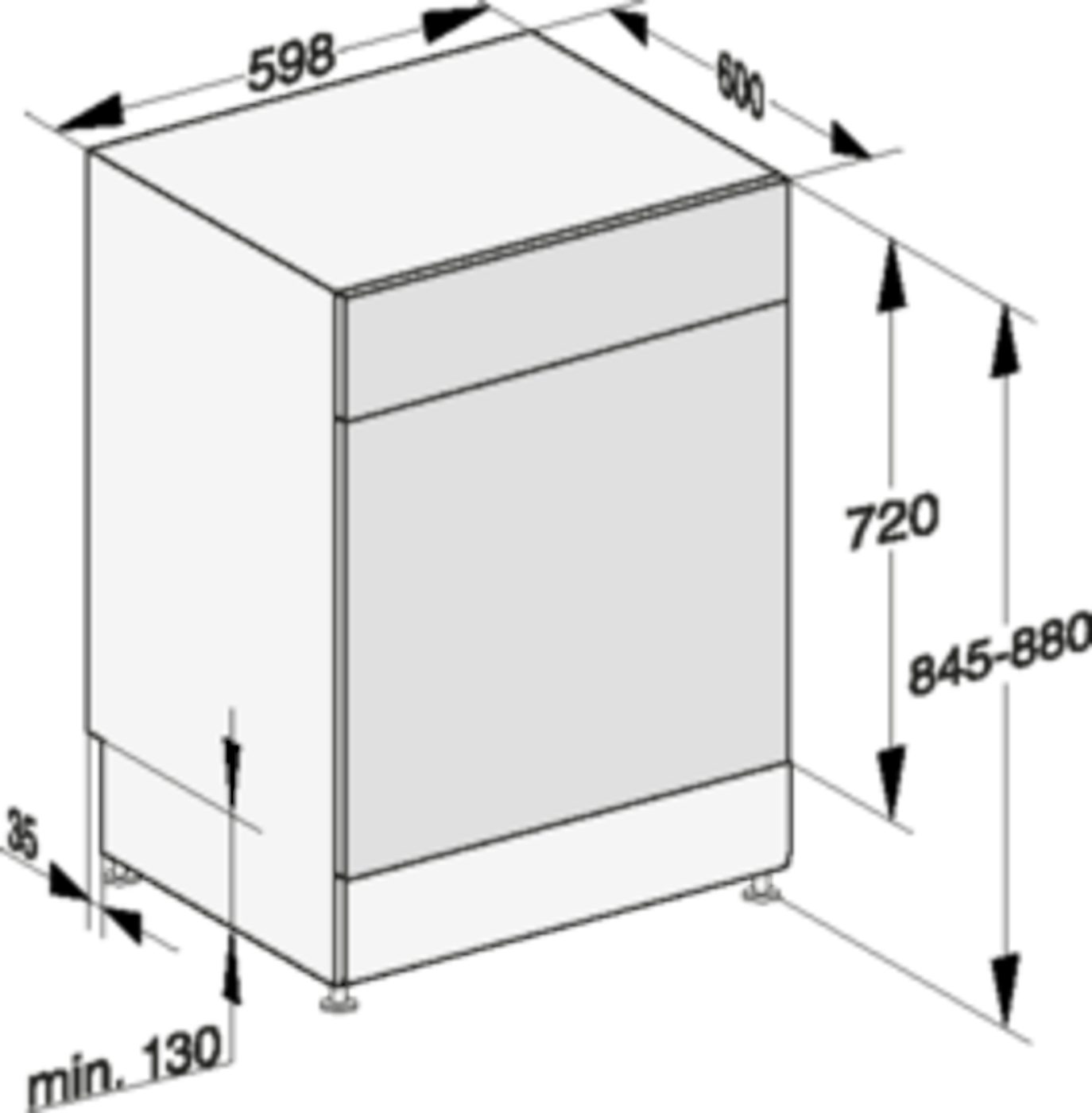 Ein Diagramm, das die Abmessungen eines Geschirrspülers zeigt.