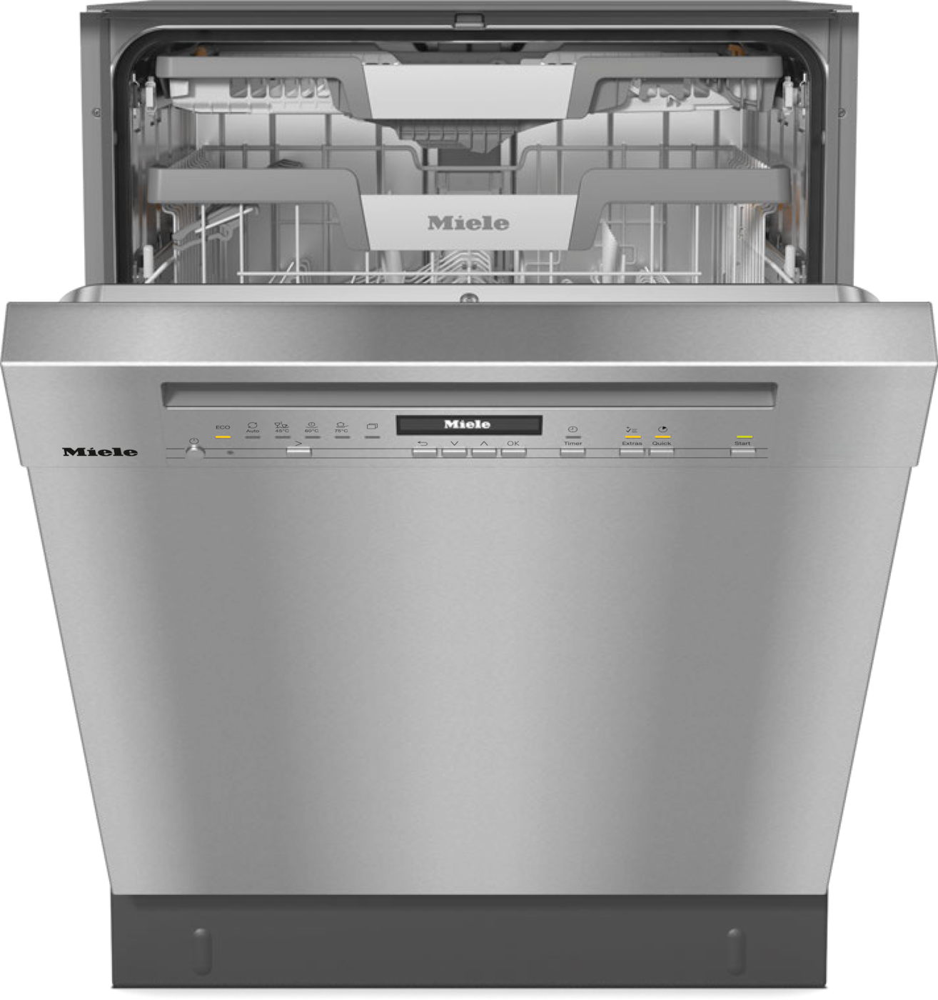 Miele Geschirrspüler, Edelstahl, offene Tür mit Gestellen, Bedienfeld sichtbar.