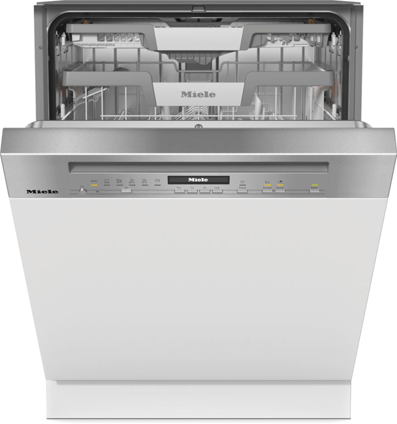 Miele Geschirrspüler mit offener Tür. Edelstahl-Innenraum. Bedienfeld oben.