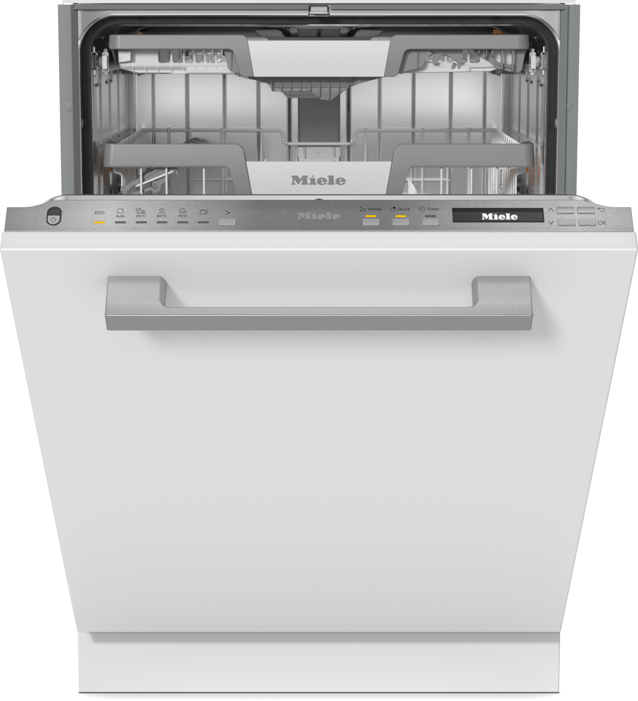 Ein weißer Miele Geschirrspüler mit geöffneter Tür, der das Innere zeigt.