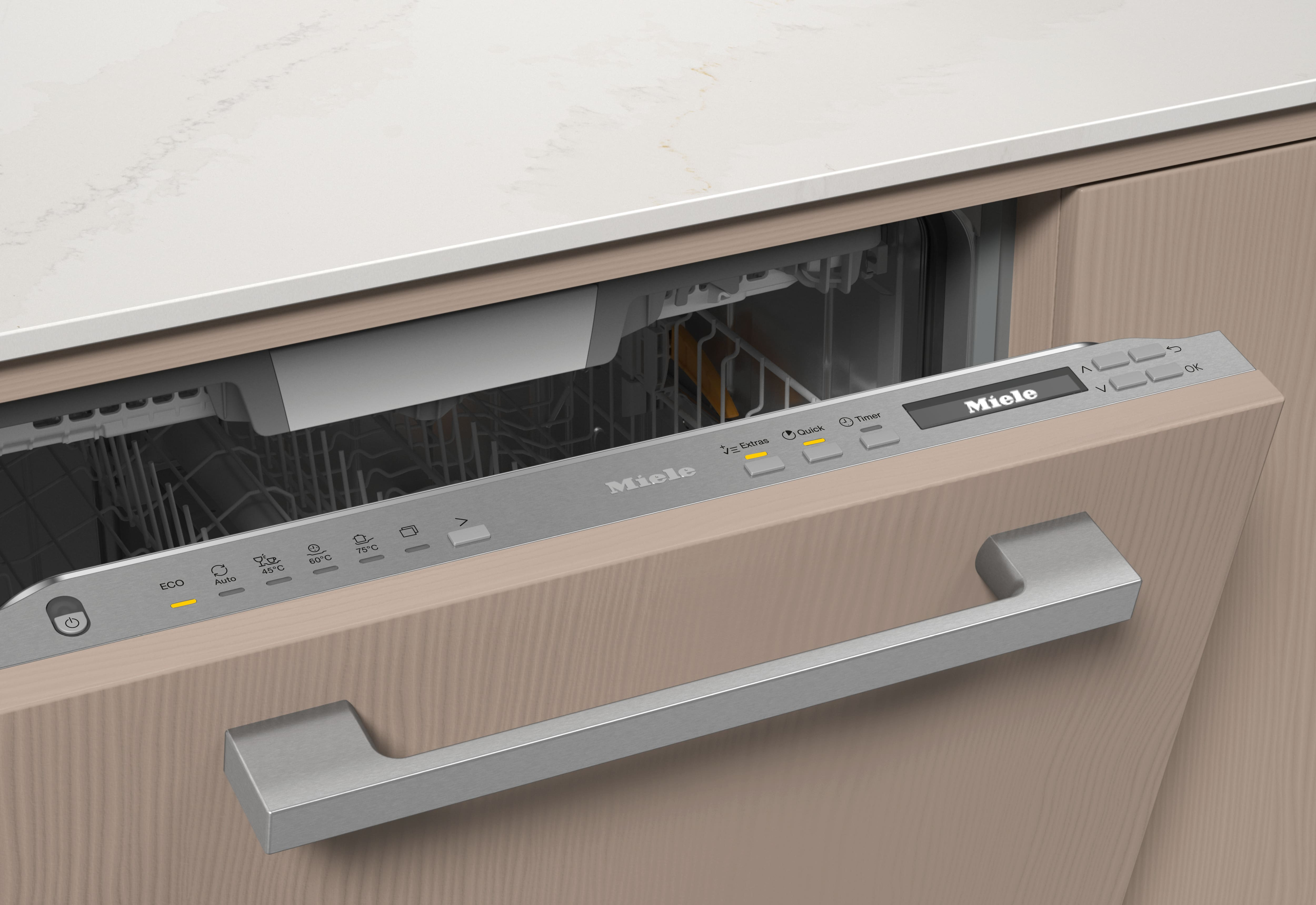 Geschirrspüler-Bedienfeld, mit Knöpfen und dem Miele-Logo, teilweise offener Schrank.