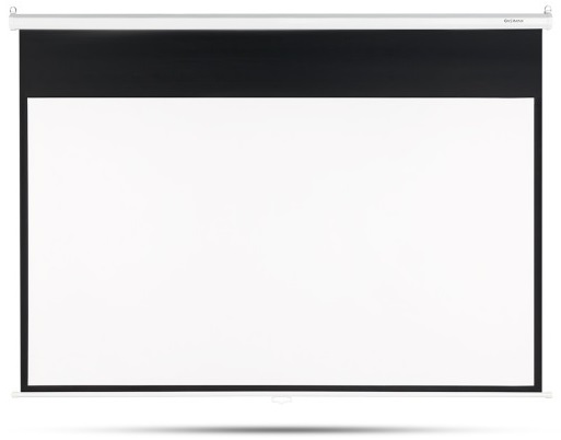 Biały ekran projekcyjny z czarnym górnym obramowaniem i białym sznurkiem do opuszczania.