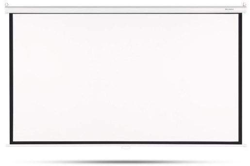 Biały ekran projekcyjny na białym tle, z czarną ramą.