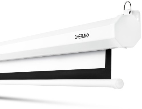 Biały ekran projektora Overmax. Ekran jest biały z czarną obwódką i białym paskiem na dole.