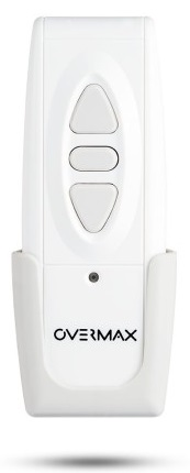 Biały pilot z trzema przyciskami i napisem OVERMAX. Ma uchwyt.