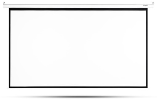 Biały ekran projekcyjny zawieszony na białym drążku.