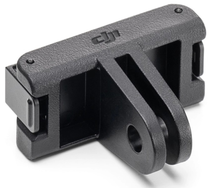 Czarny plastikowy uchwyt DJI. Ma prostokątny korpus z otworem i klipsem. Logo DJI znajduje się na górze.