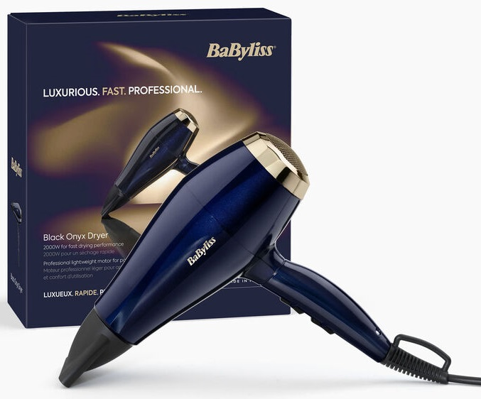 Niebieska suszarka do włosów z czarnym uchwytem.