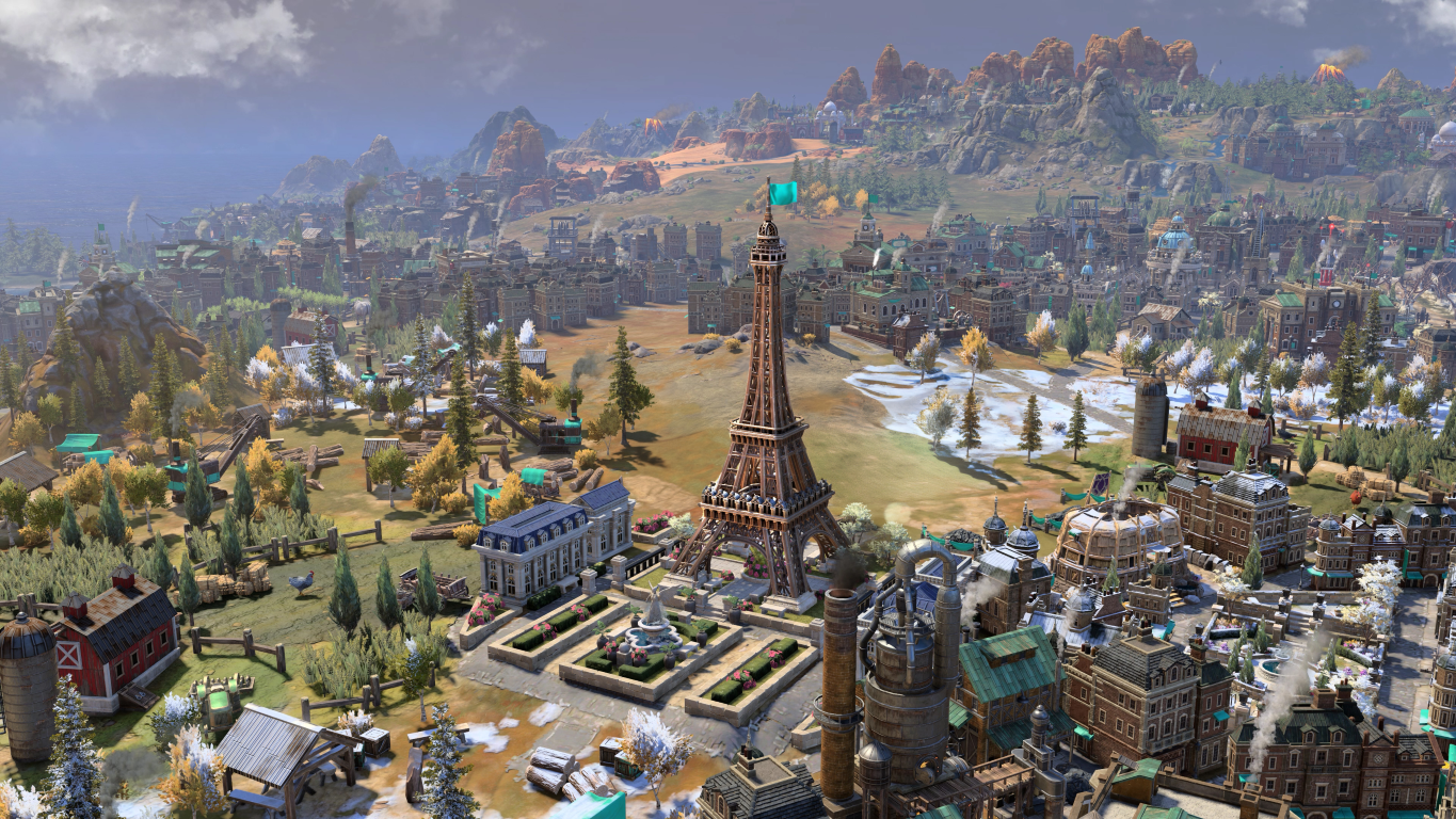 Widok miasta z gry wideo z Wieżą Eiffla. Zielone tło pola.