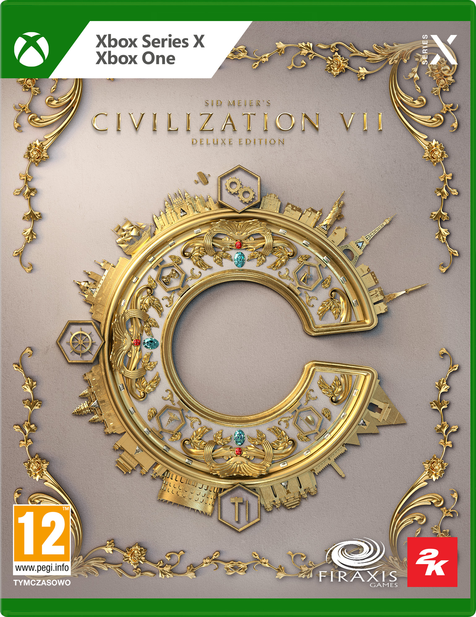 Okładka gry. Złota, ozdobna ramka z budynkami i klejnotami. Tytuł: Civilization VII, edycja deluxe. Xbox Series X i Xbox One.