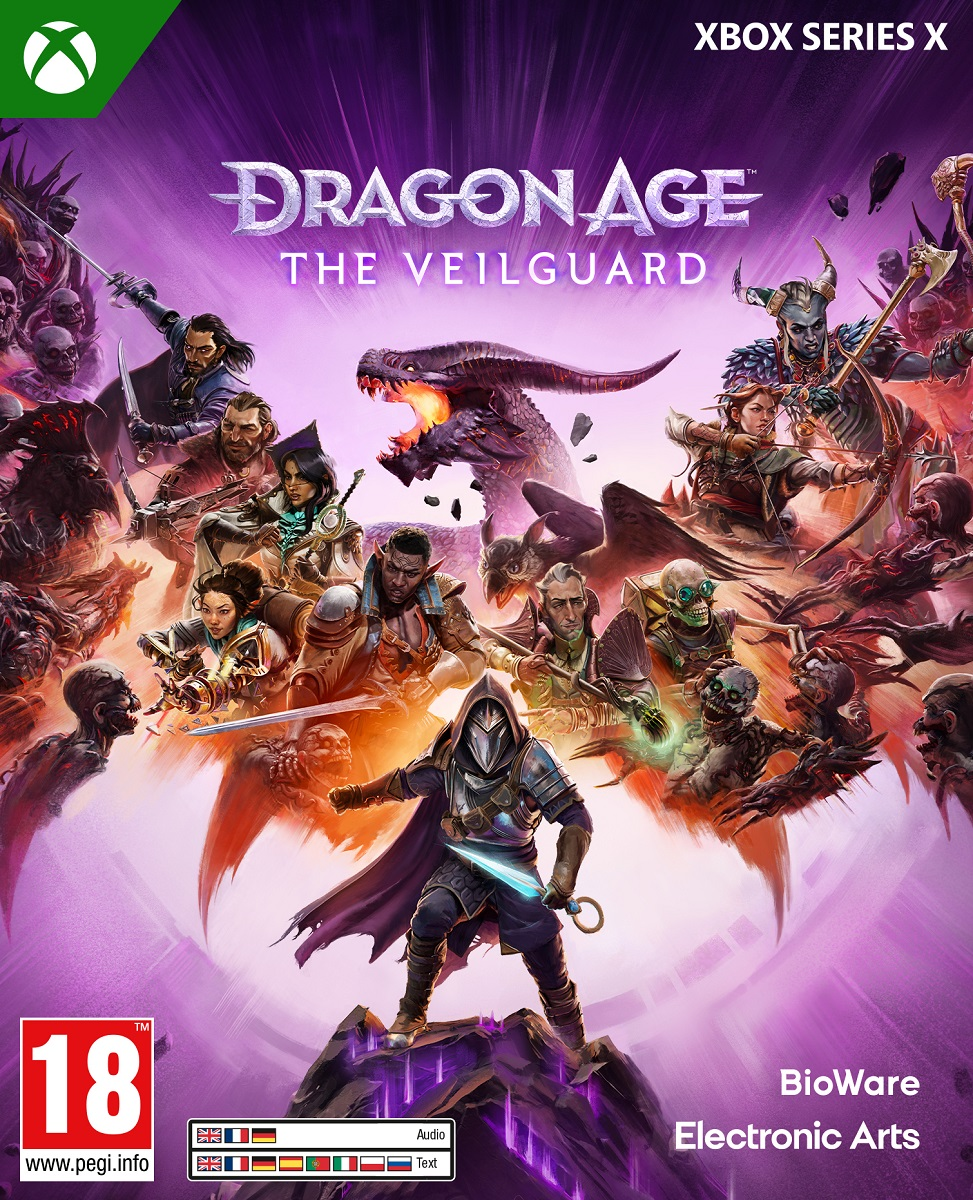 Okładka gry: smok, wojownicy i tytuł 'Dragon Age: The Veilguard'.