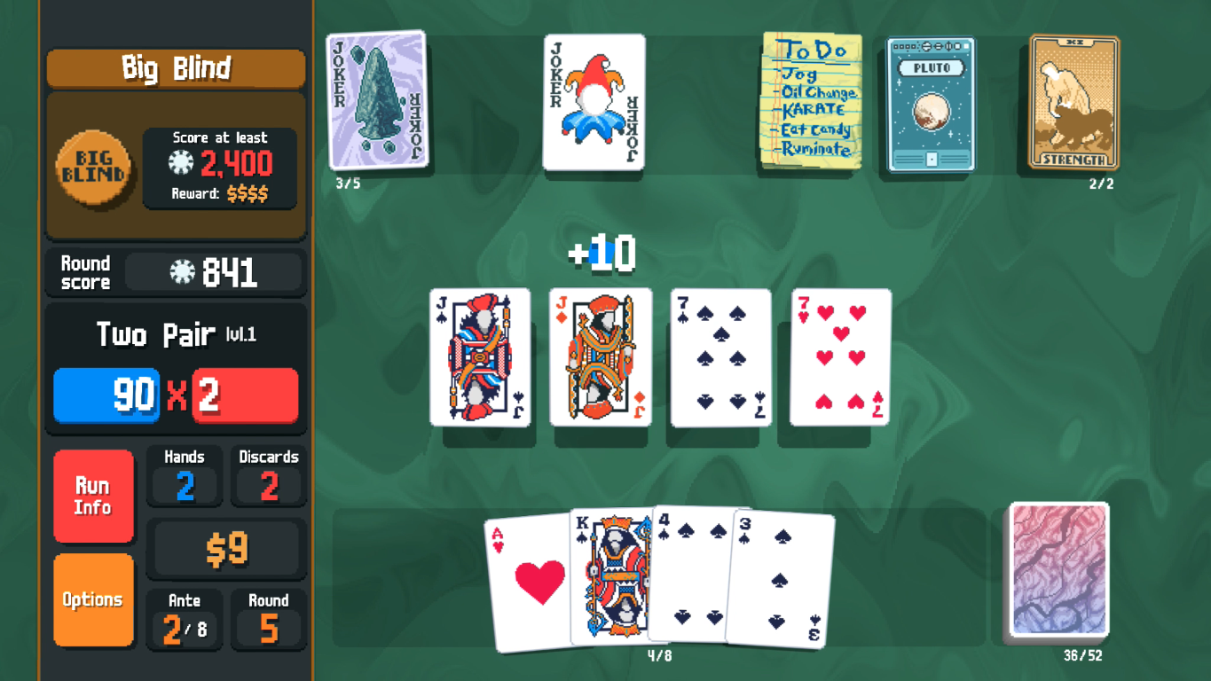 Interfejs gry w pokera z kartami, wynikiem i różnymi przyciskami gry.