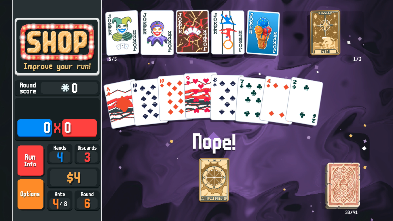 Interfejs pikselowej gry karcianej z kartami, wynikami i przyciskiem sklepu. Słowo 'Nope!'.
