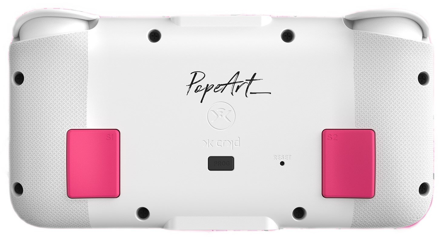 Tył białego kontrolera do gier z różowymi przyciskami i marką.