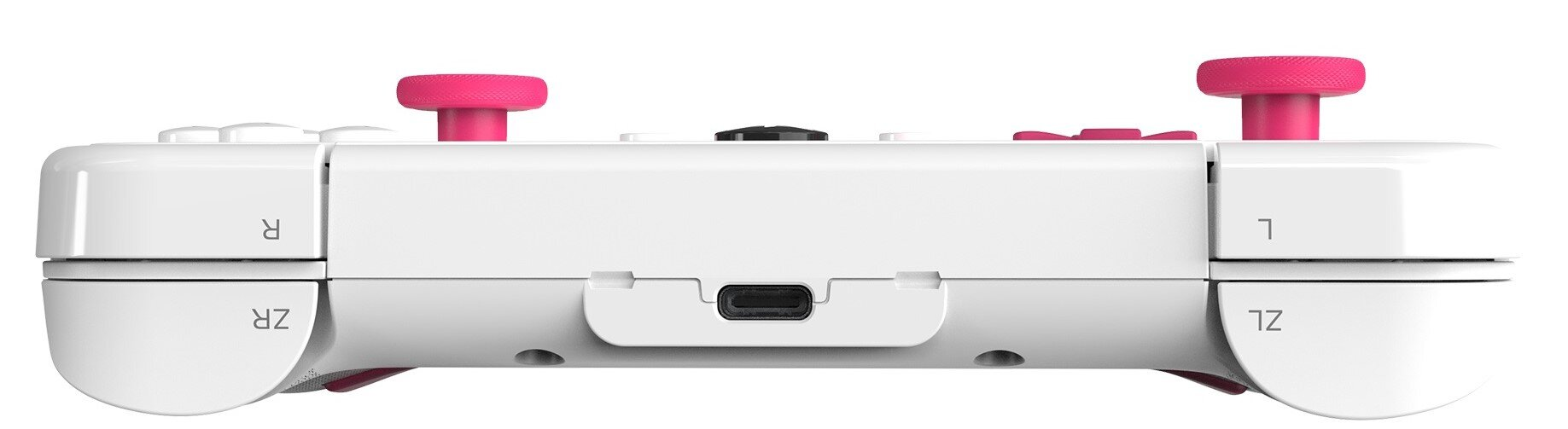 Widok z boku białego i różowego kontrolera z przyciskami L, R, ZL, ZR i portem ładowania.