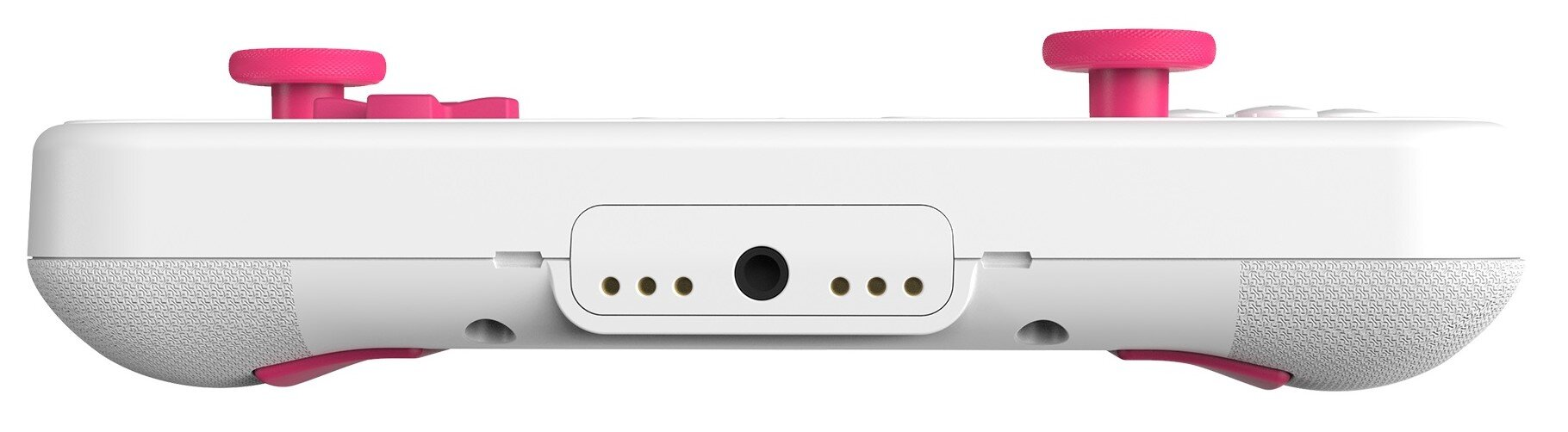 Biała konsola do gier przenośnych z różowymi przyciskami i joystickami.