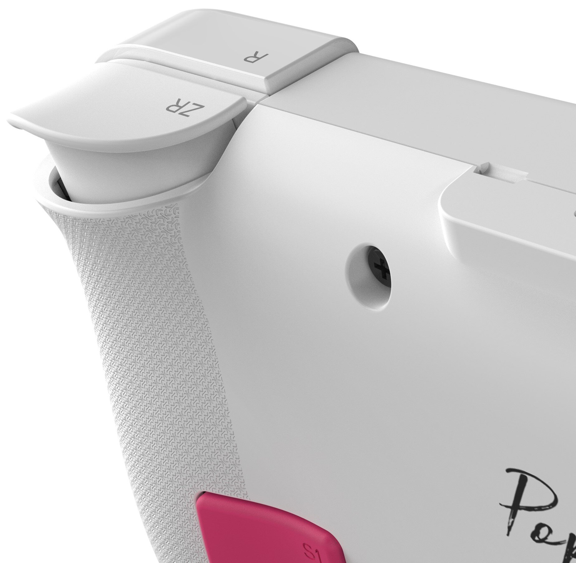 Zbliżenie białego kontrolera do gier, widoczne przyciski ZR, R, S1.