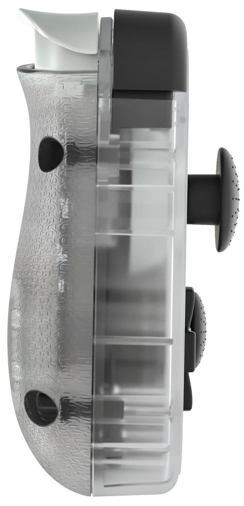 Widok z boku przezroczystego i szarego kontrolera do gier. Widoczne przyciski i joysticki.